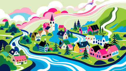 Wall Mural - Vibrant Illustrated Countryside Landscape with River and Houses