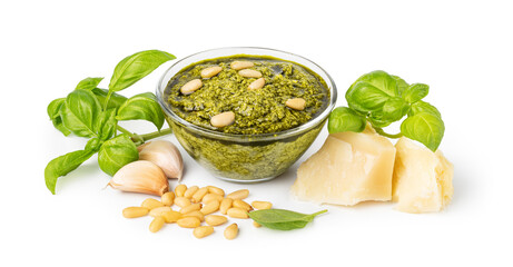 Wall Mural - Pesto. Italian basil pesto sauce with culinary ingredients for cooking