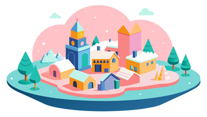 Wall Mural - Vibrant Isometric Illustration of a Whimsical Winter Village