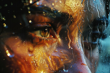 Fototapete - Abstract faces and figures sketched into the condensation, with droplets adding a sense of movement,