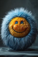 Wall Mural - A fuzzy crying-laughing emoji with blue and yellow fur, on a simple black background,