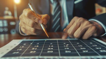 A man in a suit is writing on a piece of paper with a pen