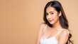 © Wonderful Life  - Young Asian woman with long hair and perfect skin, in white underwear and Korean makeup, in front of a colored background