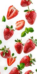 Canvas Print - Fresh red strawberries with green leaves on white backdrop. Vivid colors. Perfect for food photography and advertising. AI