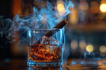 Whiskey glass and cigar with smoke swirls food photo