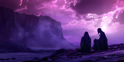 Digital silhouette of Jesus tempted by Satan in the Judean Desert. Concept Biblical Art, Religious Illustration, Christian Symbolism, Spiritual Composition