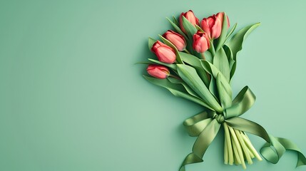 Canvas Print - Fresh tulip bouquet with green ribbon on mint background. Colorful and vibrant image. Ideal for spring and floral themes. Conveying freshness and beauty. AI