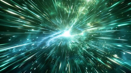Wall Mural - vibrant warp speed effect with light streaks in island green and white converging into a brilliant c