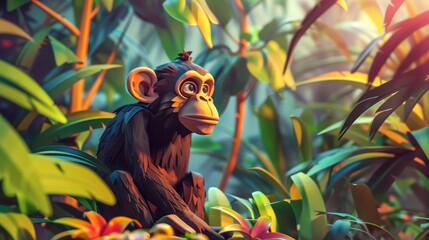 Wall Mural - Cute neon chimp in a tropical jungle for a whimsical design