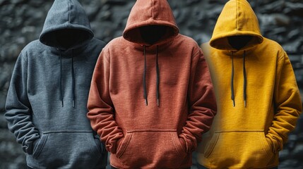 Wall Mural - Three hooded sweatshirts in different colors on a dark background