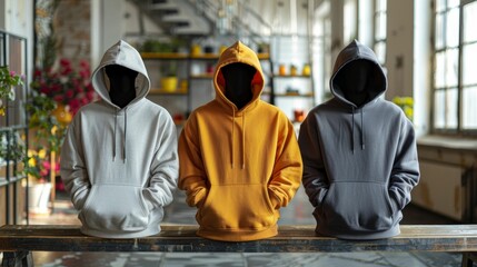 Three hooded sweatshirts sitting on a bench in a cafe