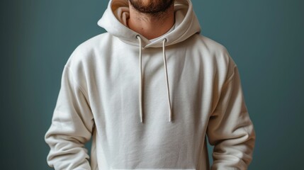 Wall Mural - Unrecognizable man in a white sweatshirt with a hood on a gray background