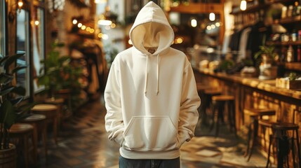Canvas Print - Unrecognizable young man in white hoodie standing in street cafe