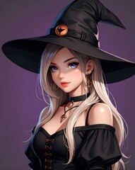 Wall Mural - Beautiful cartoon style girl with hat in witch costume isolated. Illustration. Generative AI