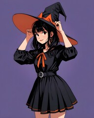 Wall Mural - Beautiful cartoon style girl with hat in witch costume isolated. Illustration. Generative AI