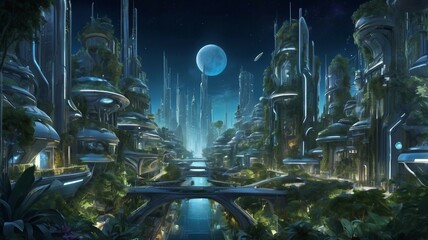 Wall Mural - futuristic city with plants and night