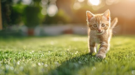 Little British kitten is walking on the green grass. copy space