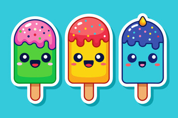 kawaii sticker featuring three colorful popsicles vector illustration