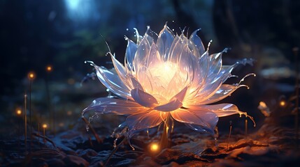 Wall Mural - A fantasy flower with petals made of crystal, glowing softly in the moonlight, surrounded by ethereal mist 