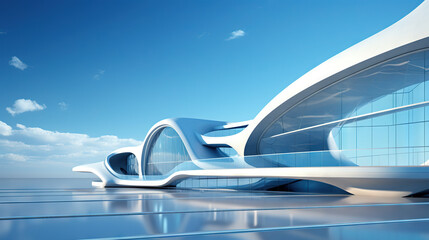 Poster - Abstract architecture scene with smooth curves. Abstract background with futuristic building in white and blue colors.