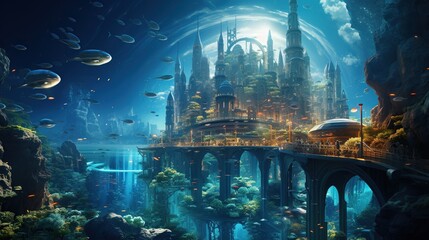 A futuristic coastal city with underwater sections, featuring transparent tunnels and marine life swimming overhead 