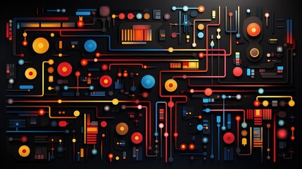 Wall Mural - A futuristic pattern of neon shapes on a dark background 