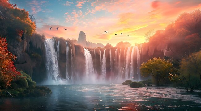 Photo of Wakil Waterfall in the ancient city capital Haeoe?aeoe?, Turkey with colorful foliage and sunrise sky background