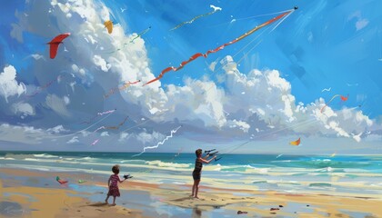 Wall Mural - Beachside Serenity: The Joy of Flying Kites at AR 7:4