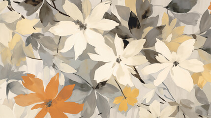 Canvas Print - Watercolor flower background, white, orange, and yellow flowers, along with gray foliage