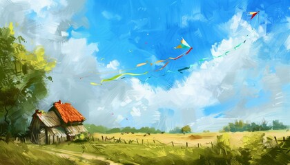 Wall Mural - Up in the Air: Kite Flying Fun at the Farm