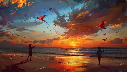Wall Mural - Serenity in the Sky: Sunset Kite Flying by the Beach - AR 7:4