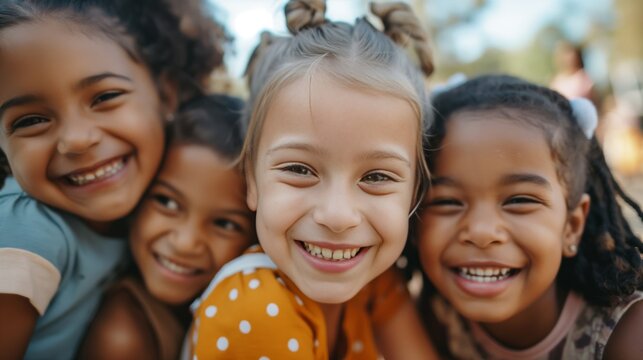 group of diverse cheerful fun happy multiethnic little girls outdoors at the schoolyard