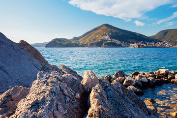 Poster - Picturesque view of the blue sea and rocky coast in the Budva Riviera. Montenegro, Balkans, Europe.