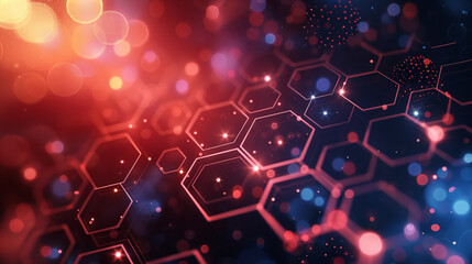Poster - A close-up abstract image of a hexagon pattern with red and blue bokeh lights in the background