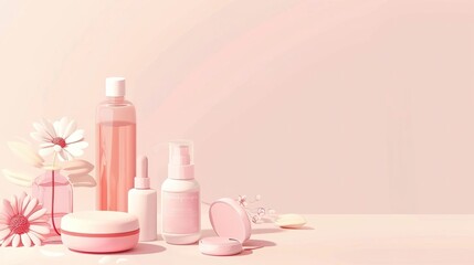 Minimalist pink beauty product display with floral accents.