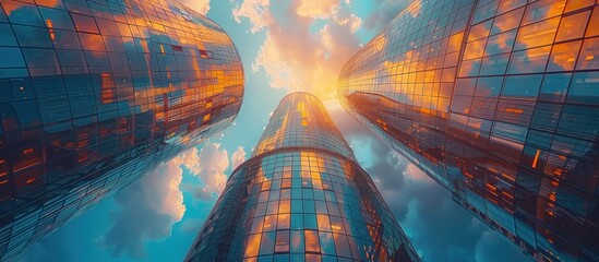 Wall Mural - low angle photo of tall buildings, blue sky with orange clouds, golden hour, photography.