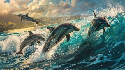 A pod of playful bottlenose dolphins surfing the waves in a tropical bay, their sleek bodies and playful antics capturing the essence of these charismatic marine mammals.