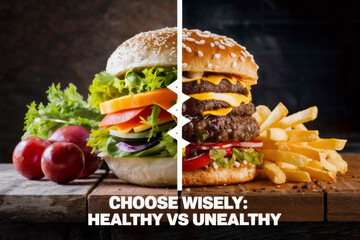 Sticker - A healthy hamburger and unhealthy one, side by side, AI