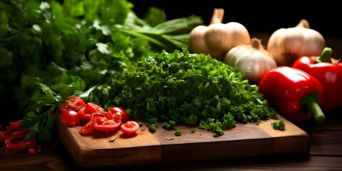 Wall Mural - Vibrant Ingredients Surround Freshly Chopped Parsley on Wooden Board. Concept Cooking, Fresh Ingredients, Cutting Board, Chopping Parsley, Vibrant Colors