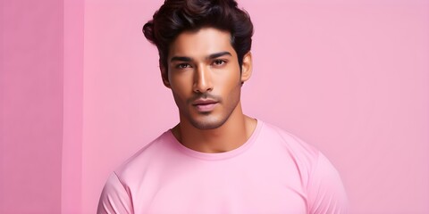 Wall Mural - Photorealistic image of an Indian male model wearing a t-shirt with an athletic look on a pink background. Concept Fashion Photography, Indian Model, Athletic Wear, Pink Background