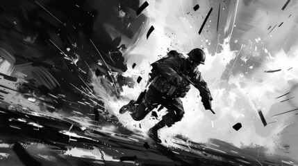 Wall Mural - Dynamic soldier running through debris