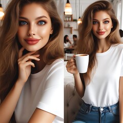 Wall Mural - A collage of A woman mockup shirts white holding a cup of coffee eye-catching optimized eye-catching optimized.