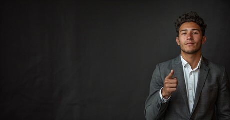 Wall Mural - confident man in suit pointing at camera, dark background, engaging portrait with copyspace, ideal f