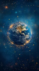 Poster - Planet Earth surrounded by glowing network lines in a star-filled universe. Concept of global connectivity and technology. Ideal for topics on space, communication, and future technology