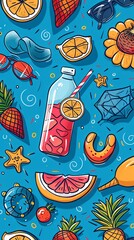 Wall Mural - Banner with hand drawn summer icons and copyspace 