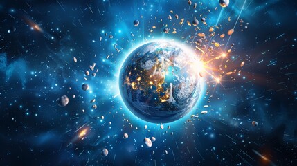 Aufkleber - Planet Earth with glowing light effects and scattered debris in outer space. Representation of cosmic events and celestial phenomena. Perfect for themes on space exploration and cosmic dynamics