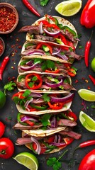 Wall Mural - Colorful homemade tacos with beef and fresh vegetables on dark background