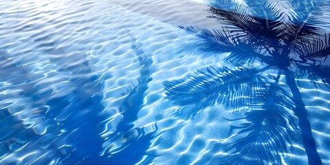 Wall Mural - Bird's Eye View of Tropical Pool with Coconut Palm Shadow on Azure Water. Concept Outdoor Photoshoot, Tropical Pool, Bird's Eye View, Coconut Palm Shadow, Azure Water