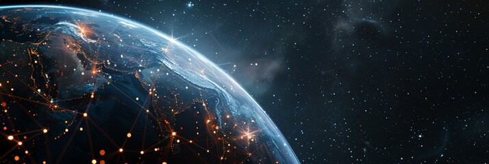 Aufkleber - Eastern hemisphere of Earth highlighted with glowing networks in space. Concept of global communication and technological infrastructure. Perfect for technological and geographical themes