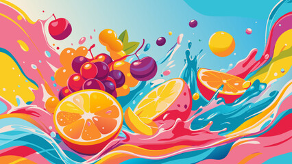 Wall Mural - Vibrant Citrus and Berries Splashing in Colorful Juice Waves